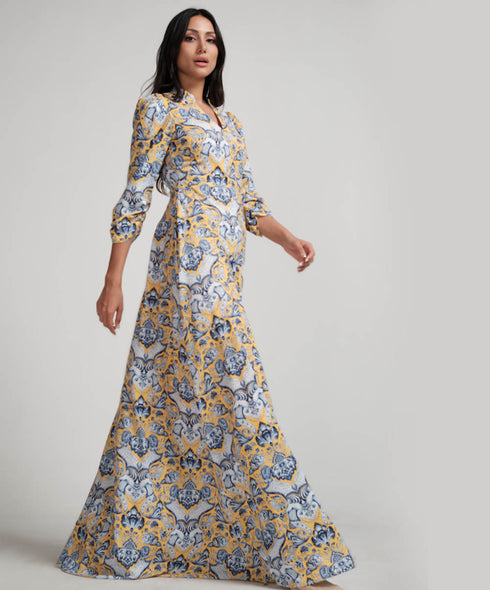 Sleeve Detailed Printed Maxi Dress With A Collar